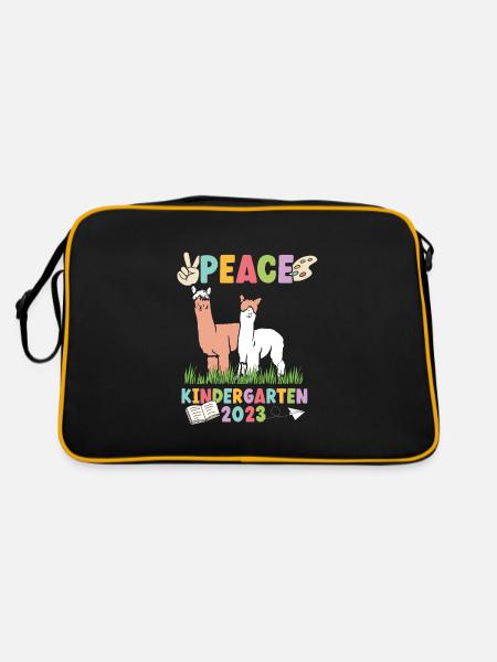 Lama Alpaka Peace Kindergarten 2023 - Retro Tasche - Schwarz/Gold - Hinten