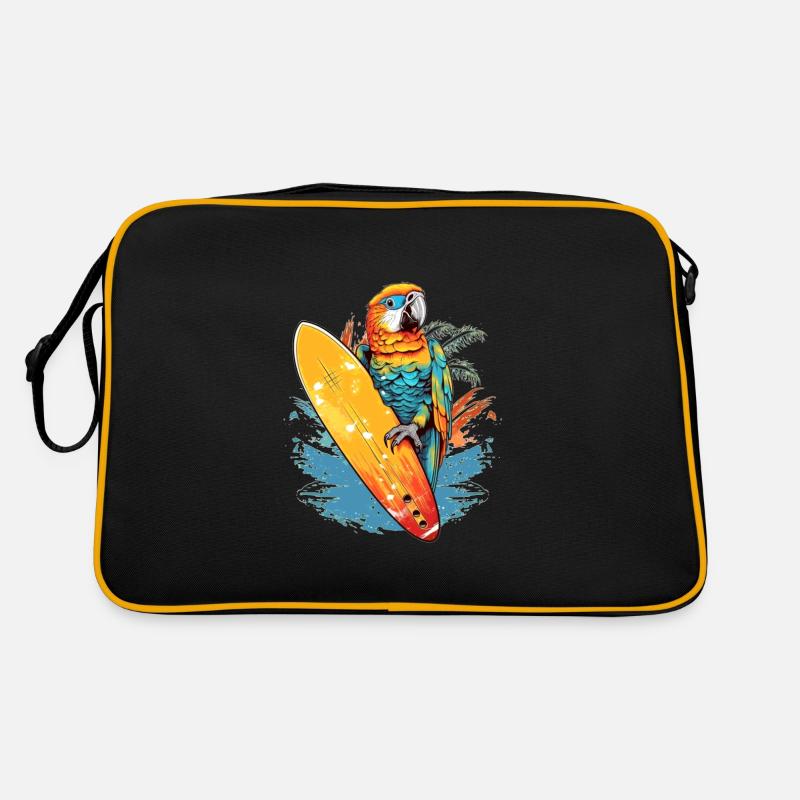 Cooler surfender Papagei mit Surfbrett Retro Tasche