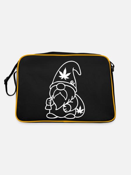Zwerg/Wichtel mit Cannabissack auf dem Rücken - Retro Tasche - Schwarz/Gold - Hinten