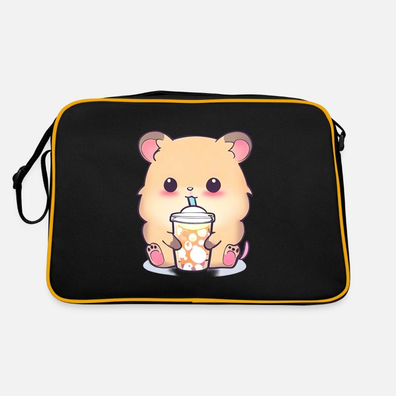 Kawaii Hamster mit Bubble Tea - Retro Tasche - Schwarz/Gold