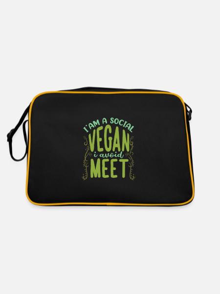 Social Vegan Avoid Meet Funny Introvert Pun Anti - Retro Tasche - Schwarz/Gold - Hinten