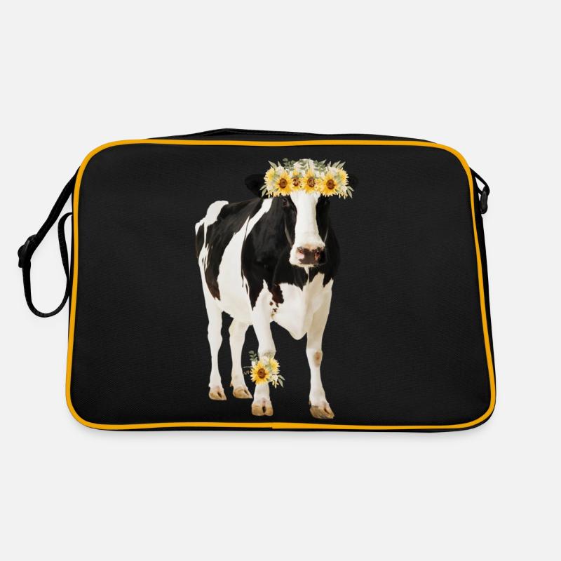 Vache Holstein avec des fleurs - Sac Retro - noir/or