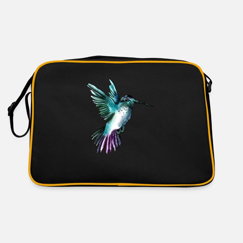 Süßer, hangemalter, blauer Kolibri - Retro Tasche - Schwarz/Gold
