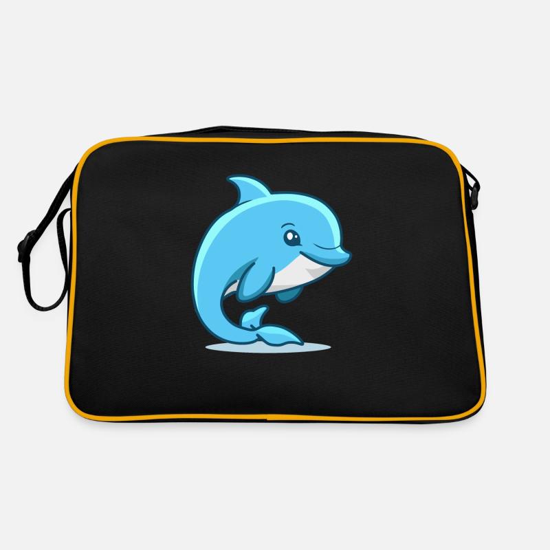 Niedliche Delphin-Illustration - Retro Tasche - Schwarz/Gold