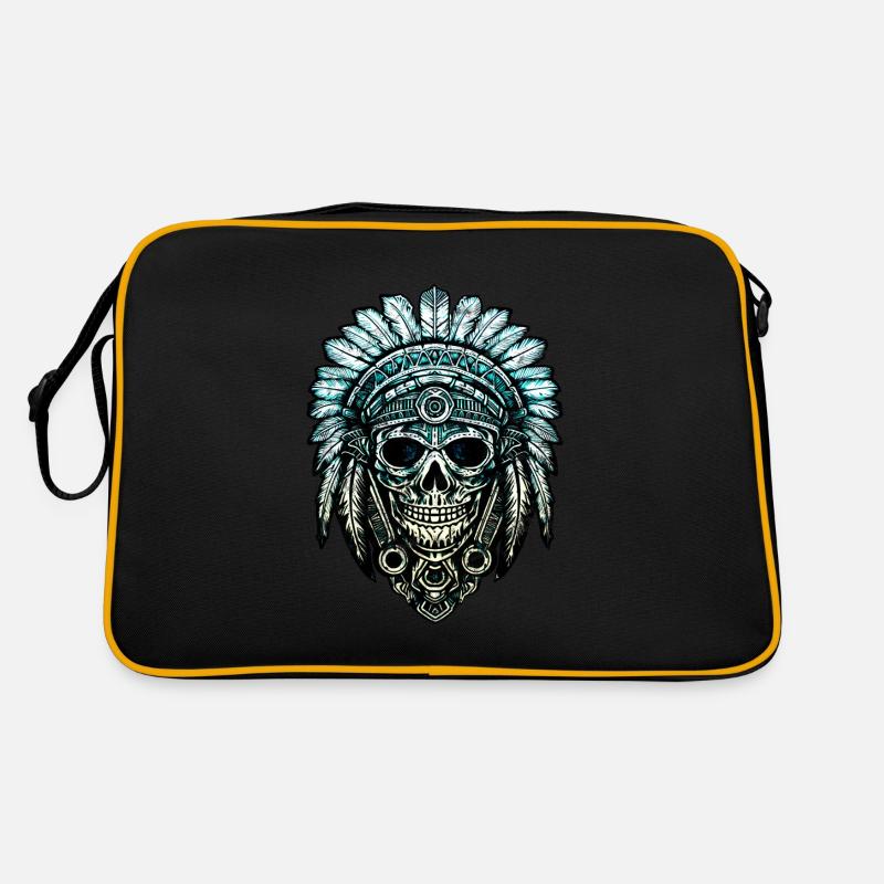 Indianer Totenkopf Häuptling Federn Federschmuck - Retro Tasche - Schwarz/Gold
