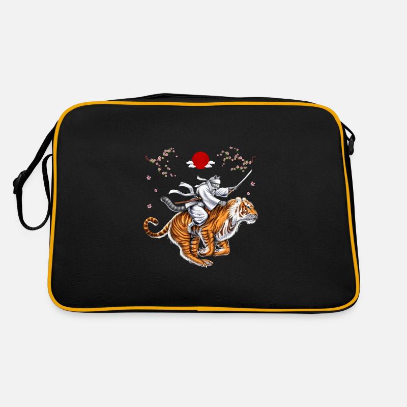 Japanische Katze Samurai Ninja Reitender Tiger - Retro Tasche - Schwarz/Gold