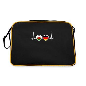Wales Deutschland Herzschlag Flagge Waliser - Retro Tasche - Schwarz/Gold - Hinten
