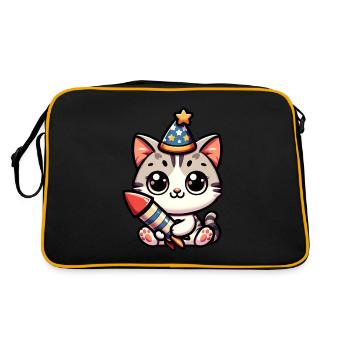 Neujahr Sylvester Katze Rakete Süß Comic - Retro Tasche - Schwarz/Gold - Hinten