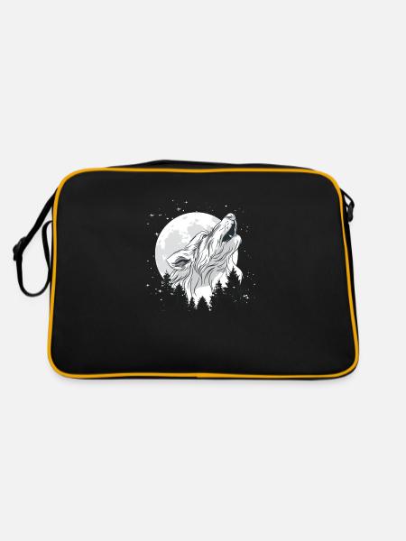 Mond mit einem Wolf - Retro Tasche - Schwarz/Gold - Hinten
