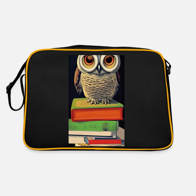 Comic Cartoon Süße Büchereule Eule Bücherstapel - Retro Tasche - Schwarz/Gold