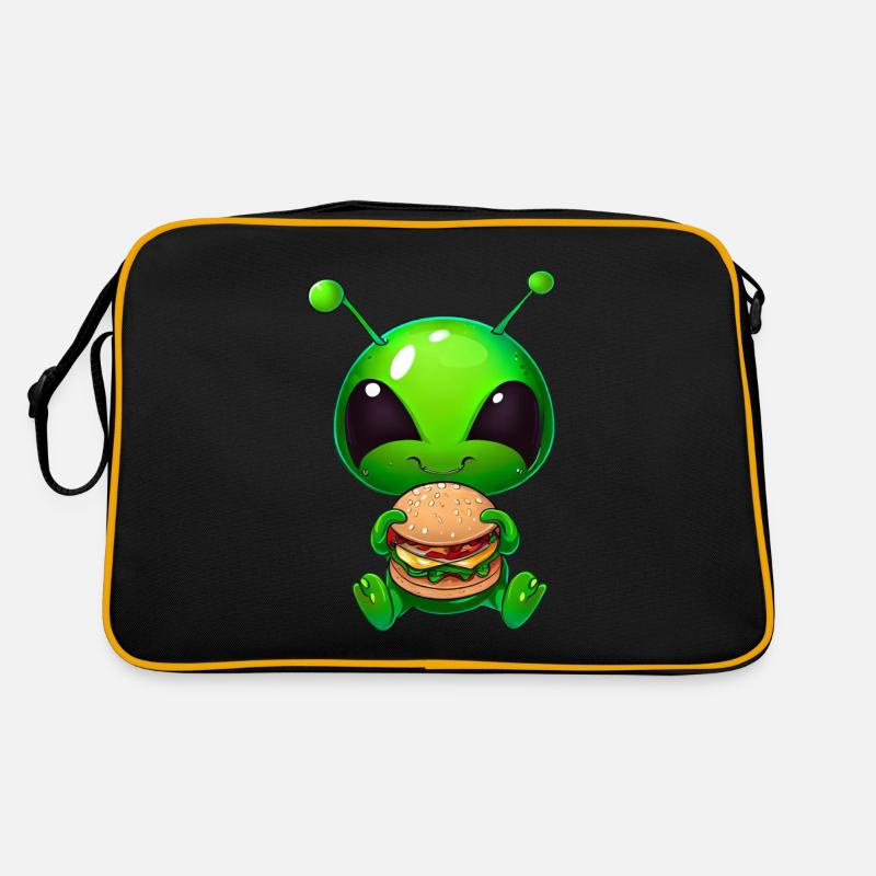 Hungriger Alien: Cheeseburger-Verschlinger Retro Tasche