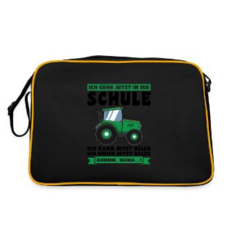 Schulkind Traktor Schulanfänger Geschenk - Retro Tasche - Schwarz/Gold - Hinten