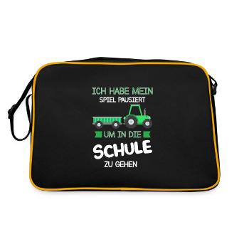 Schulkind Traktor Schulanfänger Geschenk - Retro Tasche - Schwarz/Gold - Hinten