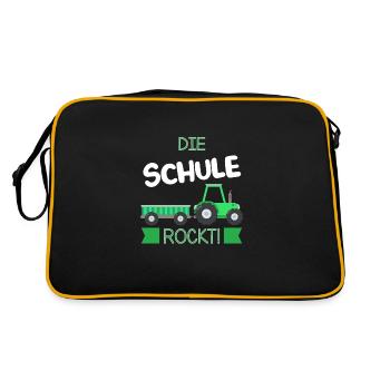 Schulkind Traktor Schulanfänger Geschenk - Retro Tasche - Schwarz/Gold - Hinten