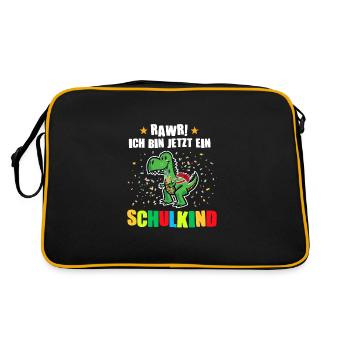 Schulkind Dino Schulstart Geschenk - Retro Tasche - Schwarz/Gold - Hinten