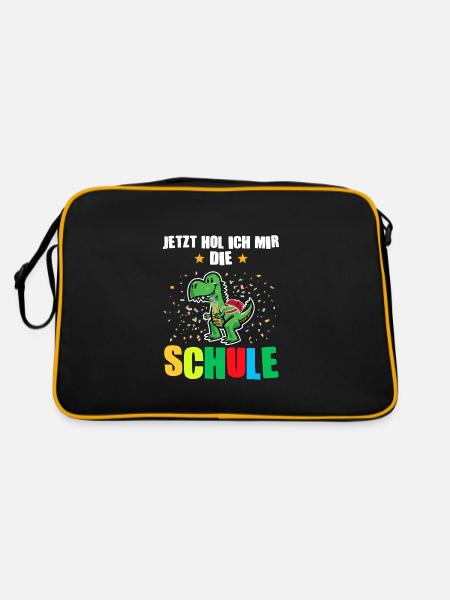 Schulkind Dino Einschulung Geschenk - Retro Tasche - Schwarz/Gold - Hinten