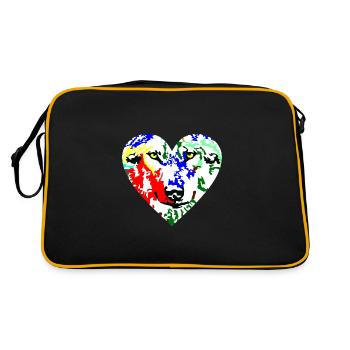 Herz Wolf bunt - Retro Tasche - Schwarz/Gold - Hinten