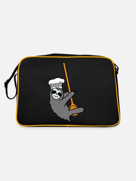 Fleißig Faultier Küche kochen Kochlöffel Hobbykoch - Retro Tasche - Schwarz/Gold - Hinten