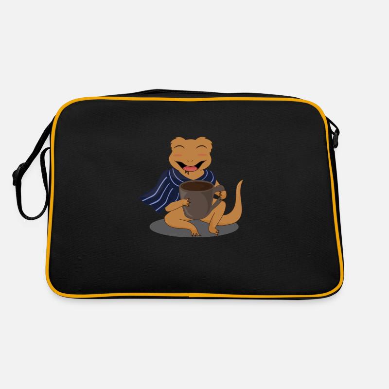 Crested Geckos Coffee Tired Monday Lazy Gecko - Retro Tasche - Schwarz/Gold