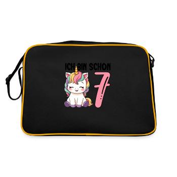 Ich bin schon Sieben Einhorn 7. Geburtstag - Retro Tasche - Schwarz/Gold - Hinten