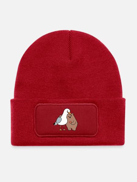 Nordsee Möwe Braun Bär Freundschaft Liebe anlehnen - Kinder Recycelter Patch Beanie - klassisch Rot - Vorne
