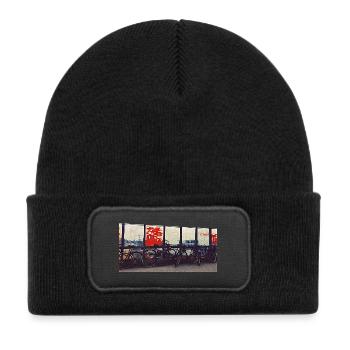 Bicycle convoy at the railway fence - Kids' Recycled Patch Beanie - black - Front