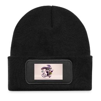 Cute fluffy purple 3D character holding a green gi - Kids' Recycled Patch Beanie - black - Front