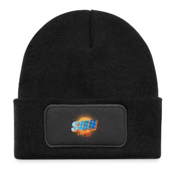 Typography with solar cells and bright sun - Kids' Recycled Patch Beanie - black - Front