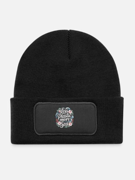 Less Plastic More Sea – Umwelt Design Blumen - Kinder Recycelter Patch Beanie - Schwarz - Vorne