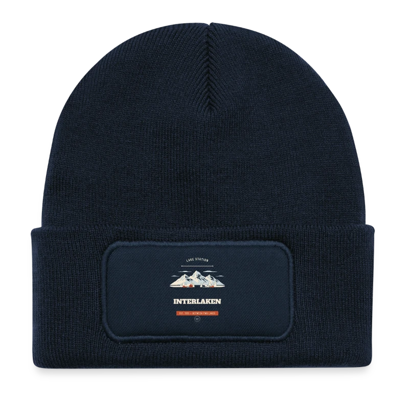 Interlaken badge on a kids' recycled patch beanie
