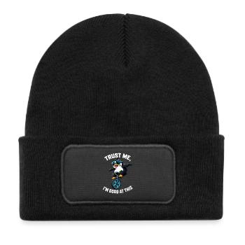 Cool penguin on unicycle with saying - Kids' Recycled Patch Beanie - black - Front