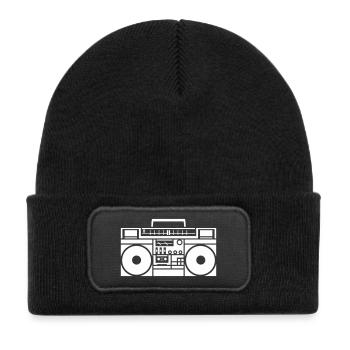 Retro Boombox Graphic Black & White - Kids' Recycled Patch Beanie - black - Front