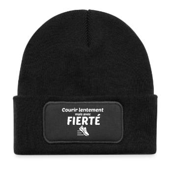 Courir lentement, mais avec fierté - Bonnet enfant en polyester recyclé avec patch - noir - Devant