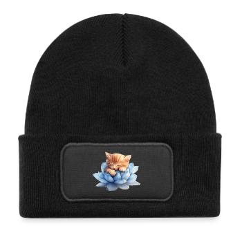 Kitten resting on blue succulents - Kids' Recycled Patch Beanie - black - Front