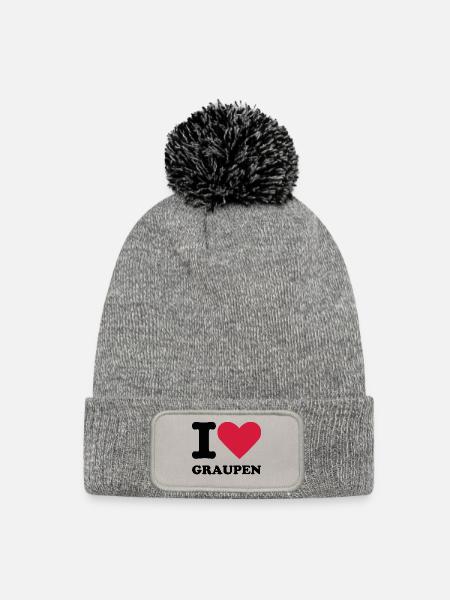 Stromberg Mit Spruch I Love Graupen - Strick Patch Beanie mit Bommel - Grau meliert