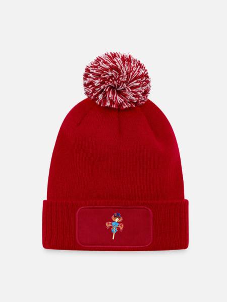 Blau-Karo-Vogelscheuche-Zauber - Strick Patch Beanie mit Bommel - Rot