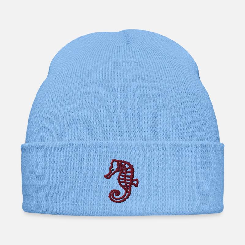 Seepferdchen rot bestickt - Bestickte Wintermütze - Himmelblau