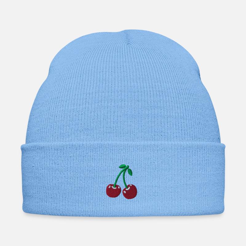 Kirschen bestickt - Bestickte Wintermütze - Himmelblau