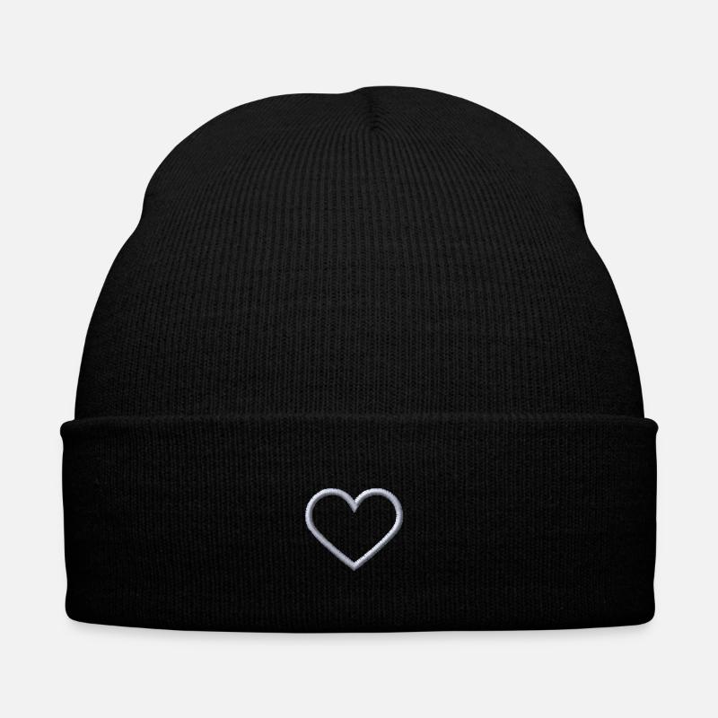 Herz weiß - Bestickte Wintermütze - Schwarz