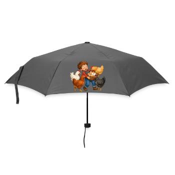 Junge sammelt Eier bei neugierigen Hofhühnern - Regenschirm (klein) - Grau - Vorne