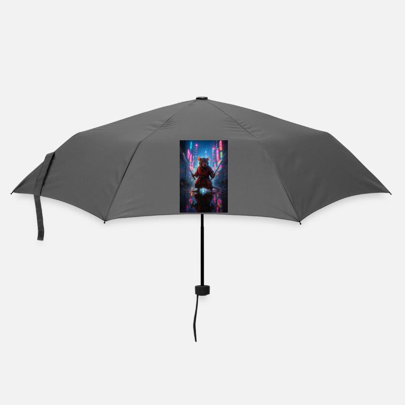 Ratten-Ninja mit Katanas in einer Neon-Stadtlandschaft - Regenschirm (klein) - Grau