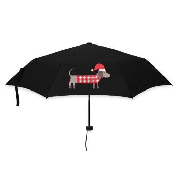 Chien teckel de Noël avec un chapeau de Père Noël et un pull - Parapluie standard - noir - Devant