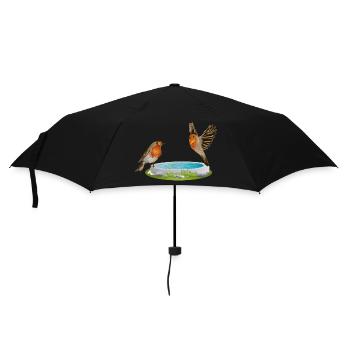 Vogeltränke mit zwei vergnügten Rotkehlchen - Regenschirm (klein) - Schwarz - Vorne