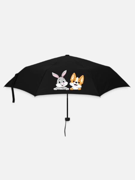 Lapin souriant et chien corgi - Parapluie standard - noir