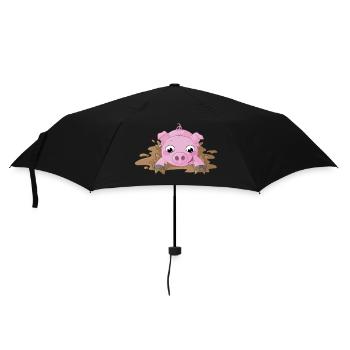 Planschendes Comic Schweinchen - Regenschirm (klein) - Schwarz - Vorne