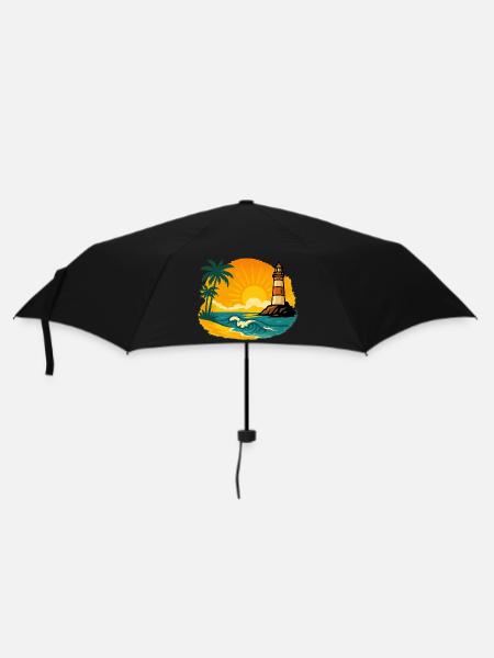 Sunset with lighthouse on tropical beach - Umbrella (small) - black