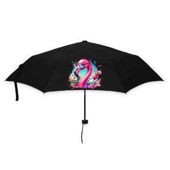 Pinker Flamingo mit Sonnenbrille und Cocktail - Regenschirm (klein) - Schwarz - Vorne
