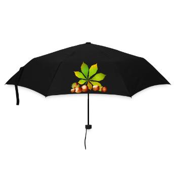 leuchtend braune Kastanien mit Kastanienblatt - Regenschirm (klein) - Schwarz - Vorne