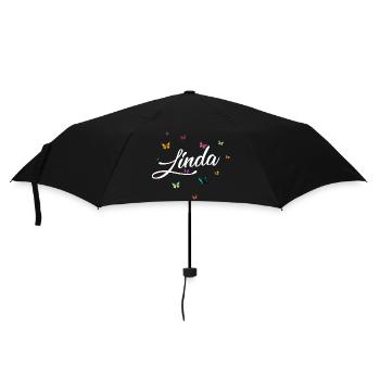 LINDA - Mädchen Name mit bunten Schmetterlingen - Regenschirm (klein) - Schwarz - Vorne