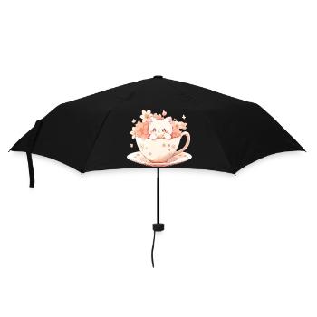 Niedliche weiße Katze in einer Teetasse mit Blumen - Regenschirm (klein) - Schwarz - Vorne